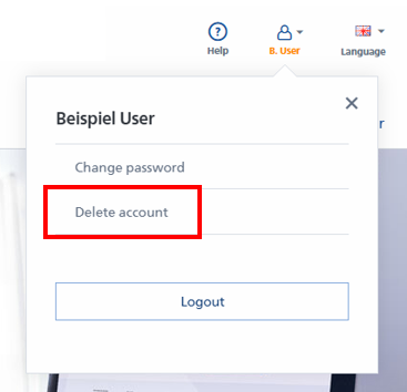 Interfaccia utente con opzioni per "Cambia password" e "Elimina account" in carattere rosso.