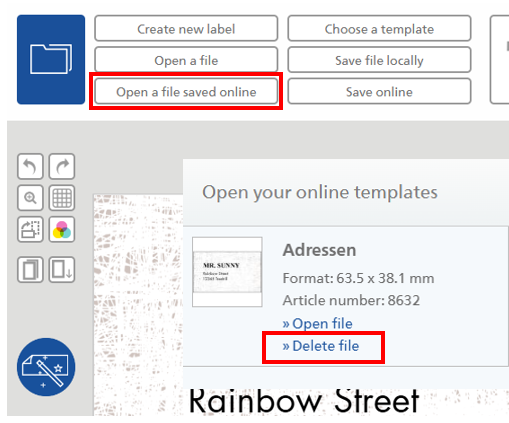 Pulsanti per la gestione dei file con opzioni per aprire e cancellare modelli online, oltre a un formato indirizzo e un numero articolo.