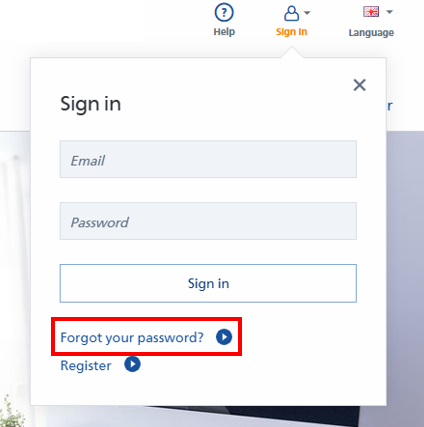 Finestra di registrazione con campi per l'e-mail e la password, oltre a link per il recupero della password e la registrazione.