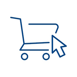 Simbolo del carrello della spesa con una freccia che punta verso il carrello, indicando lo shopping online.