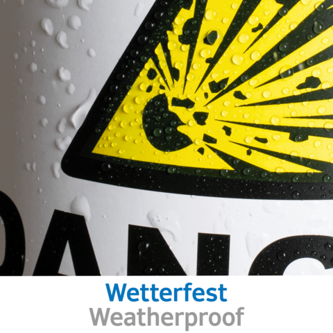 Gelbes Warnsymbol mit Sonnenstrahlen und Tropfen, darunter der Text "Wetterfest" in Deutsch und Englisch.