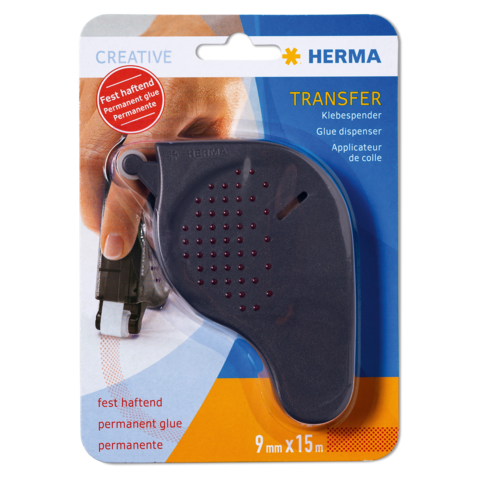 Klebestiftspender von Herma, 9 mm x 15 m, auf Verpackung abgebildet. Hinweis auf permanente Klebeeigenschaften.