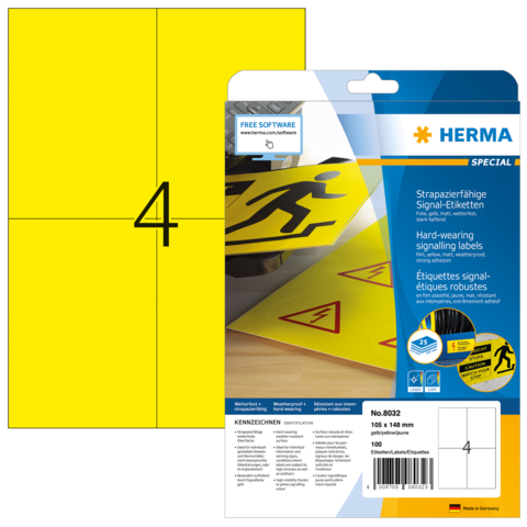 Gelbe Signaletiketten mit der Nummer 4, verpackt in einer durchsichtigen Hülle, mit Hinweisen zur Verwendung und Software.