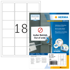 Ablösbare Etiketten auf einem Blatt mit der Nummer 18, verpackt in einer blauen und weißen Verpackung mit dem Hinweis "Außer Betrieb".
