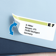 Visitenkarte mit dem Namen D. Miller, Adresse Bergstr. 271, 70184 Stuttgart, Deutschland, und Logo von EF.