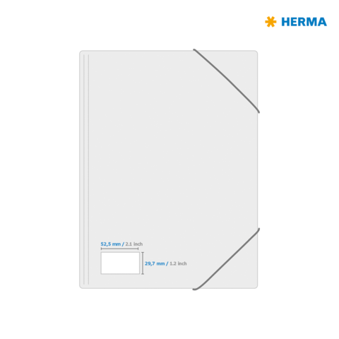 Ein transparenter Ordner mit Gummibandverschluss, der Maße von 52,5 mm x 29,7 mm aufweist. Marke: HERMA.
