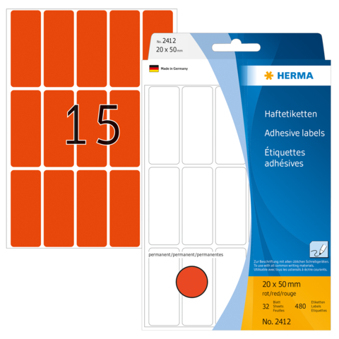 Rote Haftetiketten auf einem Bogen mit 15 Etiketten, verpackt in einer blauen und weißen Verpackung mit Produktinformationen.