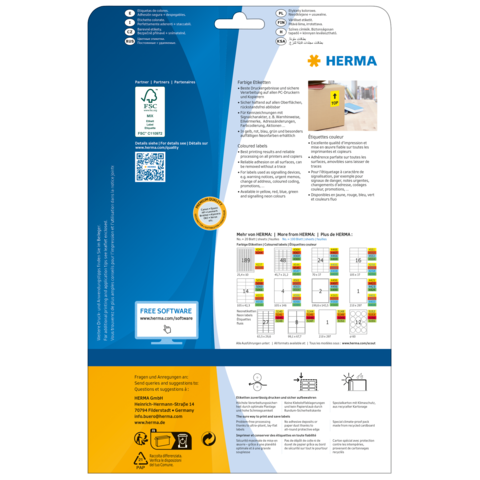 Verpackungsrückseite mit Informationen zu HERMA-Etiketten, einschließlich Softwarehinweis und Farbcodes für Etikettenanpassungen.