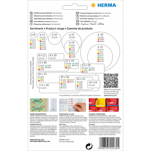Produktübersicht von Herma mit verschiedenen Etikettenformaten und Anwendungshinweisen. QR-Code und Kontaktinformationen sind ebenfalls enthalten.