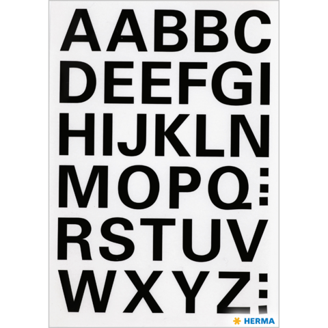 Große, schwarze Buchstaben des Alphabets von A bis Z auf weißem Hintergrund, mit dem Logo "HERMA" in der unteren rechten Ecke.