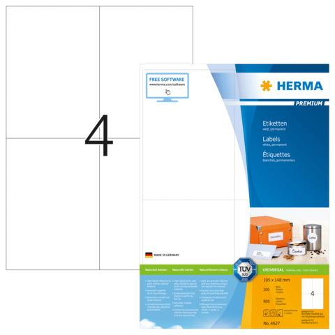 Etikettenblatt mit vier Etiketten, Marke Herma, inklusive Informationen zu Software und Produktdetails.