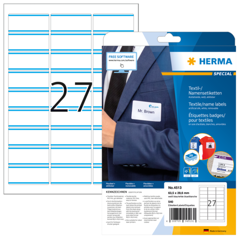Namensetiketten auf einem Bogen mit der Nummer 27, verpackt in einer Herma-Hülle. Enthält Textinformationen und Softwarehinweise.