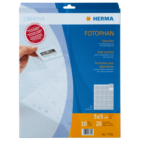 Packung mit Fotohüllen für Diapositive, 10 Stück, 5x5 cm, transparent, von der Marke Herma, mit seitlichen Taschen.