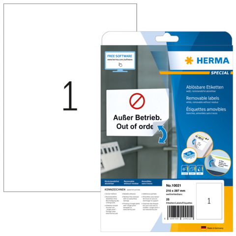 Packung mit ablösbaren Etiketten, beschriftet mit "Außer Betrieb" und "Out of order". Enthält 25 Etiketten in verschiedenen Größen.