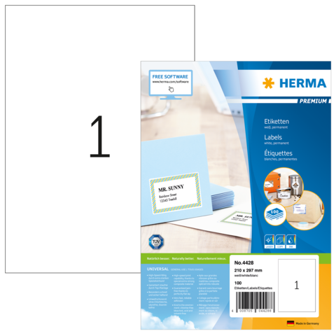 Etikettenpackung von HERMA mit blauen Etiketten und der Aufschrift "MR. SUNNY". Enthält 100 Etiketten in der Größe 210 x 297 mm.