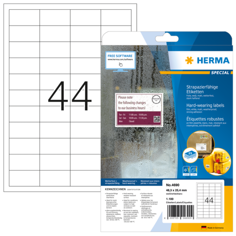 Etikettenbogen mit der Nummer 44 und einer Packung robuster Etiketten von HERMA, inklusive Informationen zur Software und Nutzungshinweisen.
