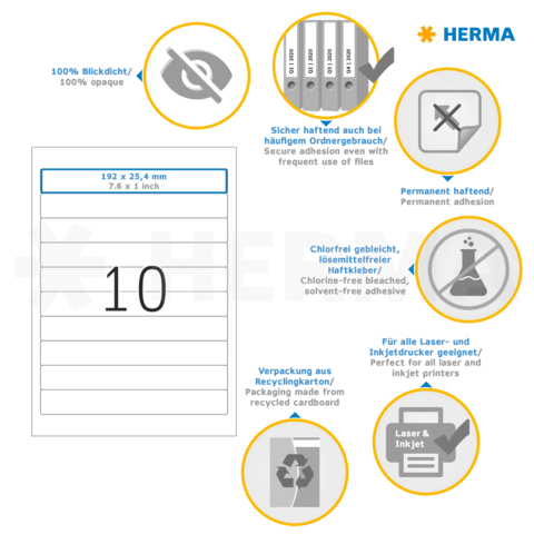 Etiketten von HERMA, 192 x 25,4 mm, 100% blickdicht, permanent haftend, chlorfrei, geeignet für Laser- und Inkjetdrucker, Verpackung aus Recyclingkarton.