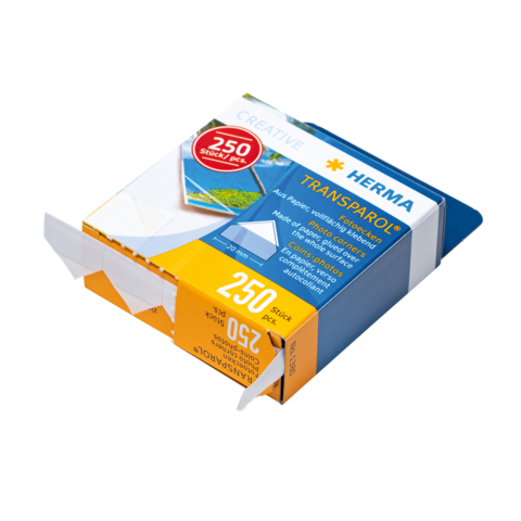 Packung mit 250 transparenten Etiketten von Herma, geeignet für verschiedene Anwendungen. Verpackung zeigt Produktdetails und Anzahl.