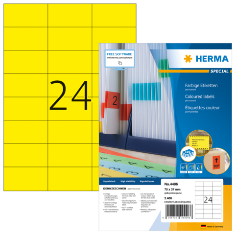 Gelbe Etiketten mit der Nummer 24, verpackt in einer Herma-Verpackung, die Informationen zu Größe und Verwendung enthält.