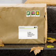 Ein braunes Paket mit drei Briefmarken auf der Oberseite, adressiert an D. Miller in Stuttgart, Deutschland.