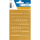 Goldene Etiketten mit Zahlen von 0 bis 9 in verschiedenen Größen, auf einem Trägerblatt angeordnet.