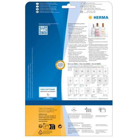 Rückseite einer Verpackung mit Informationen zu HERMA Produkten, einschließlich QR-Code und Hinweisen zur kostenlosen Software.