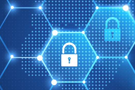 Una rete digitale con motivi esagonali e simboli di lucchetti, che rappresenta sicurezza e protezione dei dati.