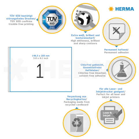 TÜV SÜD conferma la stampa senza problemi. Extra bianco, brillante, aderenza permanente. Adatto per tutte le stampanti laser e inkjet. Imballaggio in cartone riciclato.