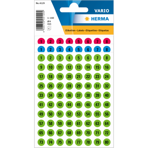 Bunte Etiketten mit Zahlen von 1 bis 160 in verschiedenen Farben, verpackt in einer Blisterkarte.