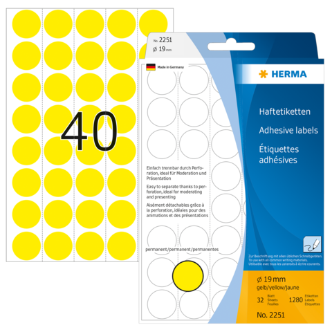 Gelbe Haftetiketten mit einem Durchmesser von 19 mm, 32 Stück pro Bogen, verpackt in einer blauen Box von HERMA.