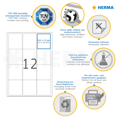 Selbstklebende Etiketten mit den Maßen 63,5 x 72 mm, geeignet für Laser- und Inkjetdrucker, umweltfreundlich verpackt.