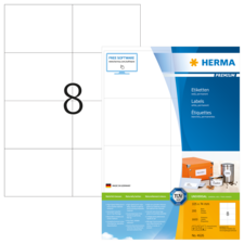 Etikettenblatt mit der Nummer 8, präsentiert von Herma, mit Informationen zu Größe und Verwendung.