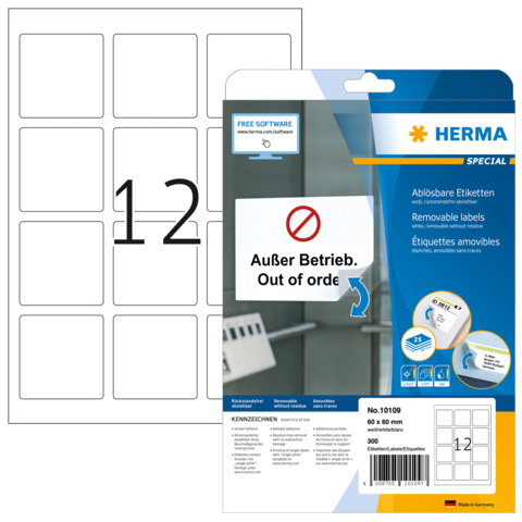 Ein Blatt mit leeren Etiketten und eine Verpackung für ablösbare Etiketten von Herma, mit der Aufschrift "Außer Betrieb. Out of order."