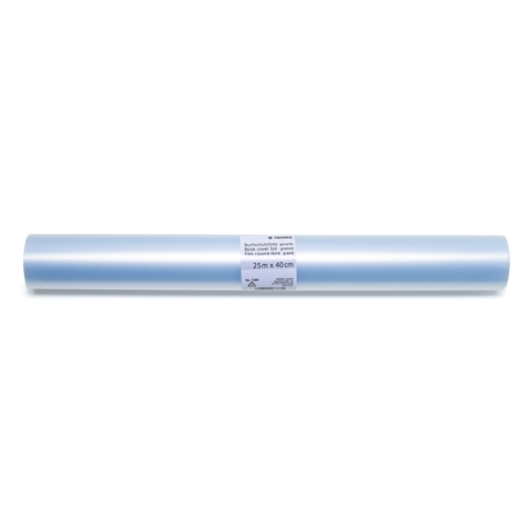 Blauer Geschenkpapier-Rollen mit einer Größe von 25 m x 40 cm, verpackt und etikettiert.