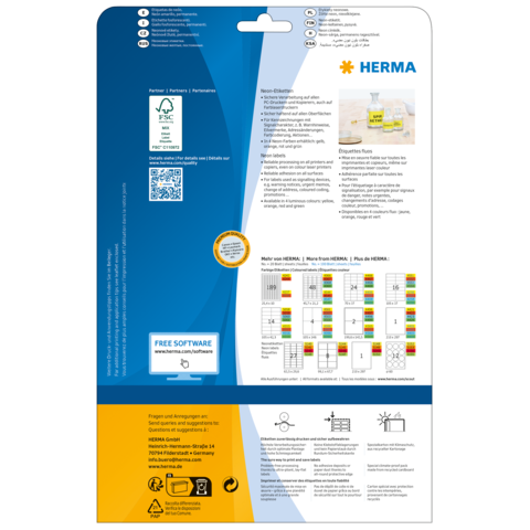 Rückseite einer Verpackung mit Informationen zu HERMA-Produkten, einschließlich Softwarehinweis und Anleitungen zur Verwendung.