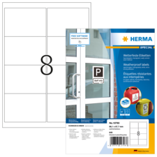 Wetterfeste Etiketten von Herma, inklusive Anweisungen zur Nutzung von kostenloser Software, auf einer Verpackung mit verschiedenen Etikettenformaten.