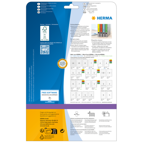 Rückseite einer Verpackung für HERMA Produkte mit Informationen zu Software, Anwendungshinweisen und einer Übersicht von Etikettenlayouts.