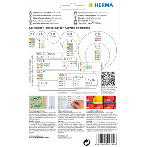 Produktübersicht mit verschiedenen Etikettenformaten und Anwendungshinweisen von HERMA. Enthält QR-Code und mehrsprachige Informationen.