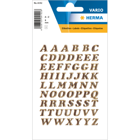Bogen mit goldenen Buchstabenaufklebern von A bis Z in verschiedenen Größen, verpackt in einer transparenten Hülle.