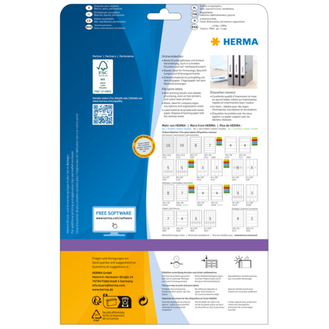 Rückseite einer Verpackung für HERMA Produkte mit Informationen zu Software und Anwendung, einschließlich Diagrammen zur Nutzung.