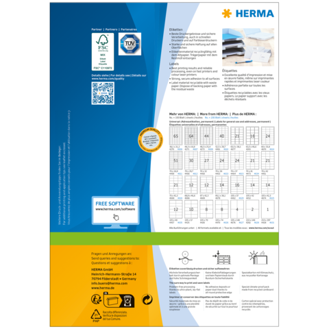 Produktinformationen von HERMA, einschließlich Softwarehinweis und Größenübersicht für Etiketten. Enthält QR-Code und Zertifizierungen.
