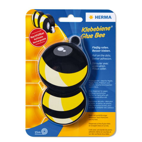 Klebebiene von Herma, zwei wiederbefüllbare Kleberollen in Bienenform, ideal zum Kleben von Papier. Verpackung zeigt Anwendungshinweise.