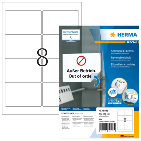 Ablösbare Etiketten auf einem Blatt, mit der Aufschrift "Außer Betrieb. Out of order." und Informationen zur Verwendung.