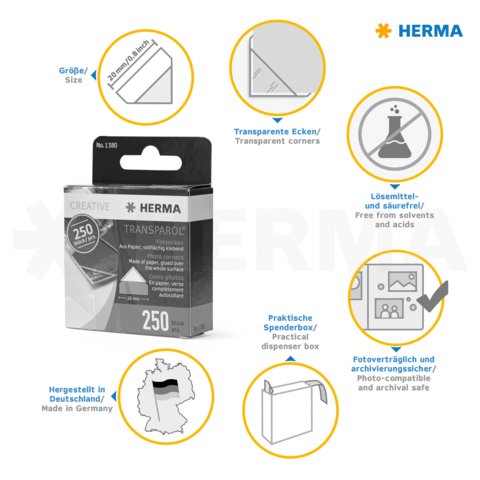 Packung mit 250 transparenten Ecken von HERMA, geeignet für Fotografie und Archivierung, hergestellt in Deutschland.