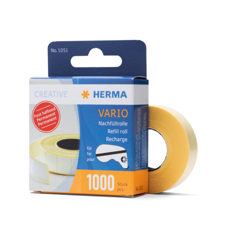Nachfüllrolle für Etiketten mit 1000 Stück, permanent haftend, von der Marke Herma, in gelber Farbe. Verpackung zeigt Produktdetails.