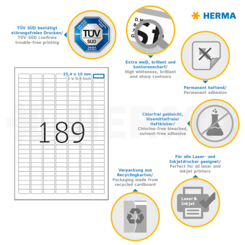 Etikettenblatt mit 189 Etiketten, Beschreibung der Eigenschaften wie permanente Haftung, chlorfrei gebleicht und geeignet für Laser- und Inkjetdrucker.