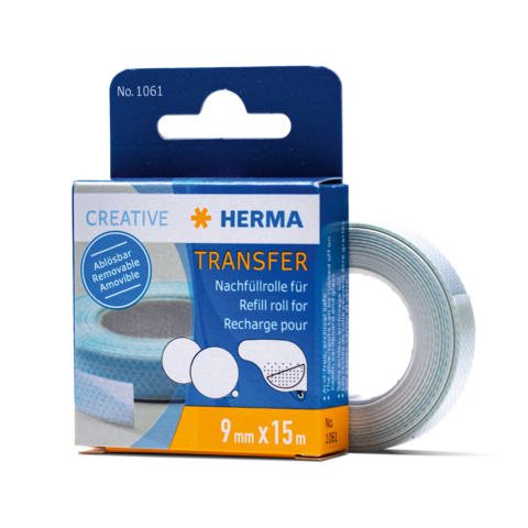 Nachfüllrolle für Klebeband, 9 mm x 15 m, von Herma, in blauer Verpackung mit Informationen zur Verwendung und Abmessungen.