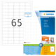Etikettenblatt mit der Nummer 65, das eine Vorlage für Etiketten zeigt, sowie Informationen zu den Abmessungen und der Marke Herma.