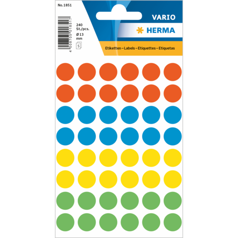 Bunte Etiketten in verschiedenen Farben (rot, blau, grün, gelb) auf einem Bogen, insgesamt 240 Stück, Durchmesser 13 mm.