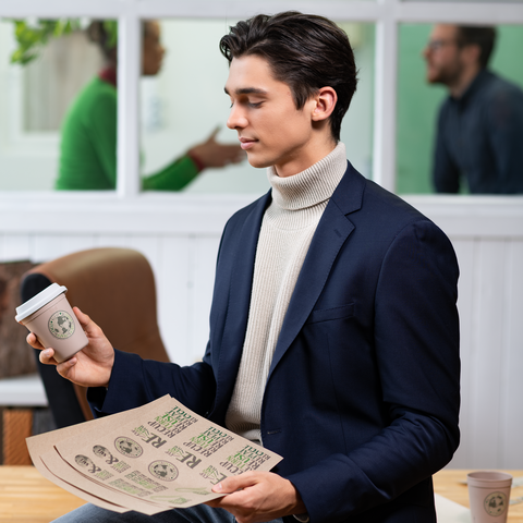 Un giovane in giacca blazer tiene in mano una tazza di caffè e una cartella con dei documenti. Sullo sfondo, ci sono due persone che conversano.